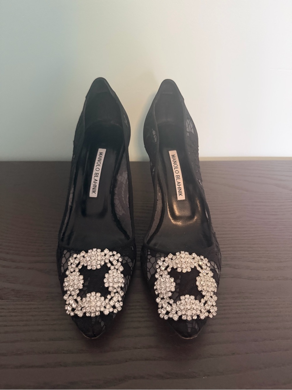 Manolo Blahnik Black Lace Pumps with Crystal Buckle - Picture 2 of 12